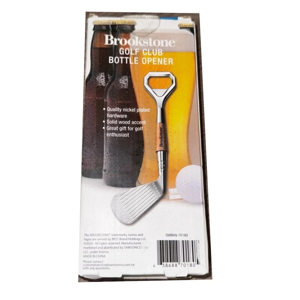 Brookstone Golf Club Bottle Opener Nickel Plated Wood Accent‎ Bar Tool Gift New